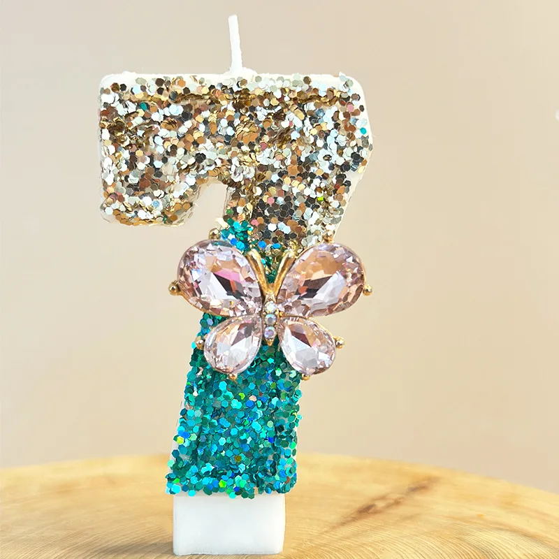 Transparent Diamond-encrusted Butterfly Digital Candle, Green And Gold Color Sequined Birthday Candle Party Dessert Cake Plug-in