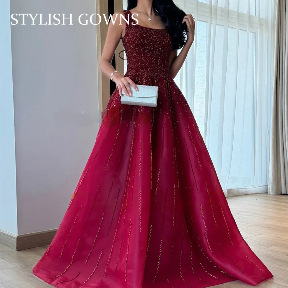 

Customized A-Line Organza Square Collar Evening Dress with Sparkly Sequined Crystal Lace Up Back Sweep جديد في الأطقم الكامل