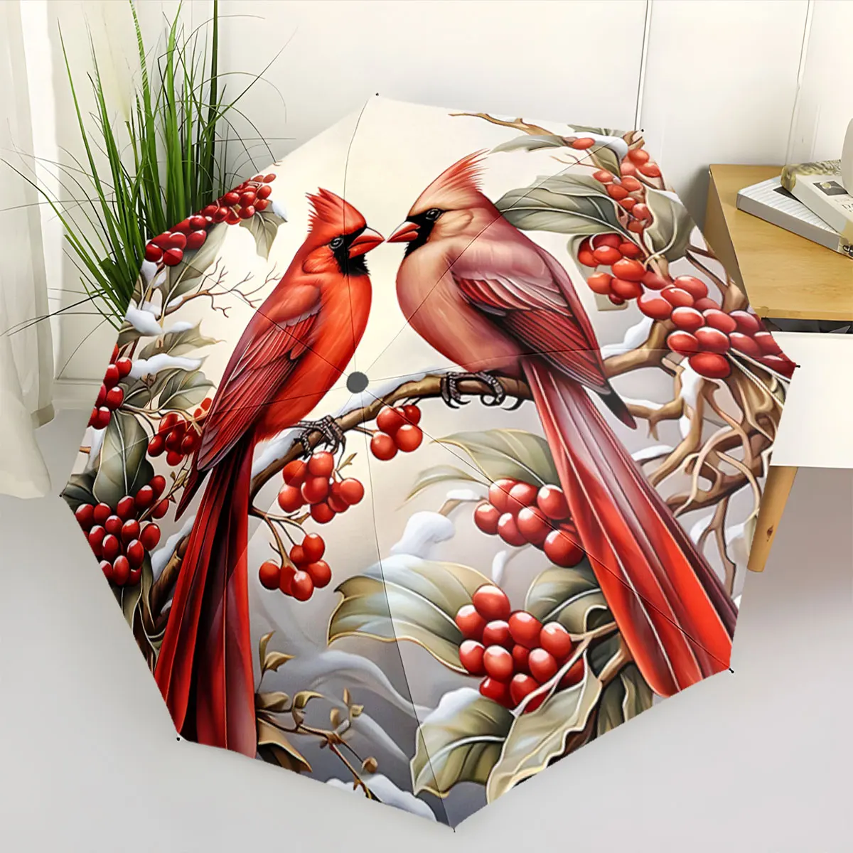 Red Cardinals on Berry Branch Snowy Winter Scene portable waterproof sun rain umbrella for outdoor travel beach