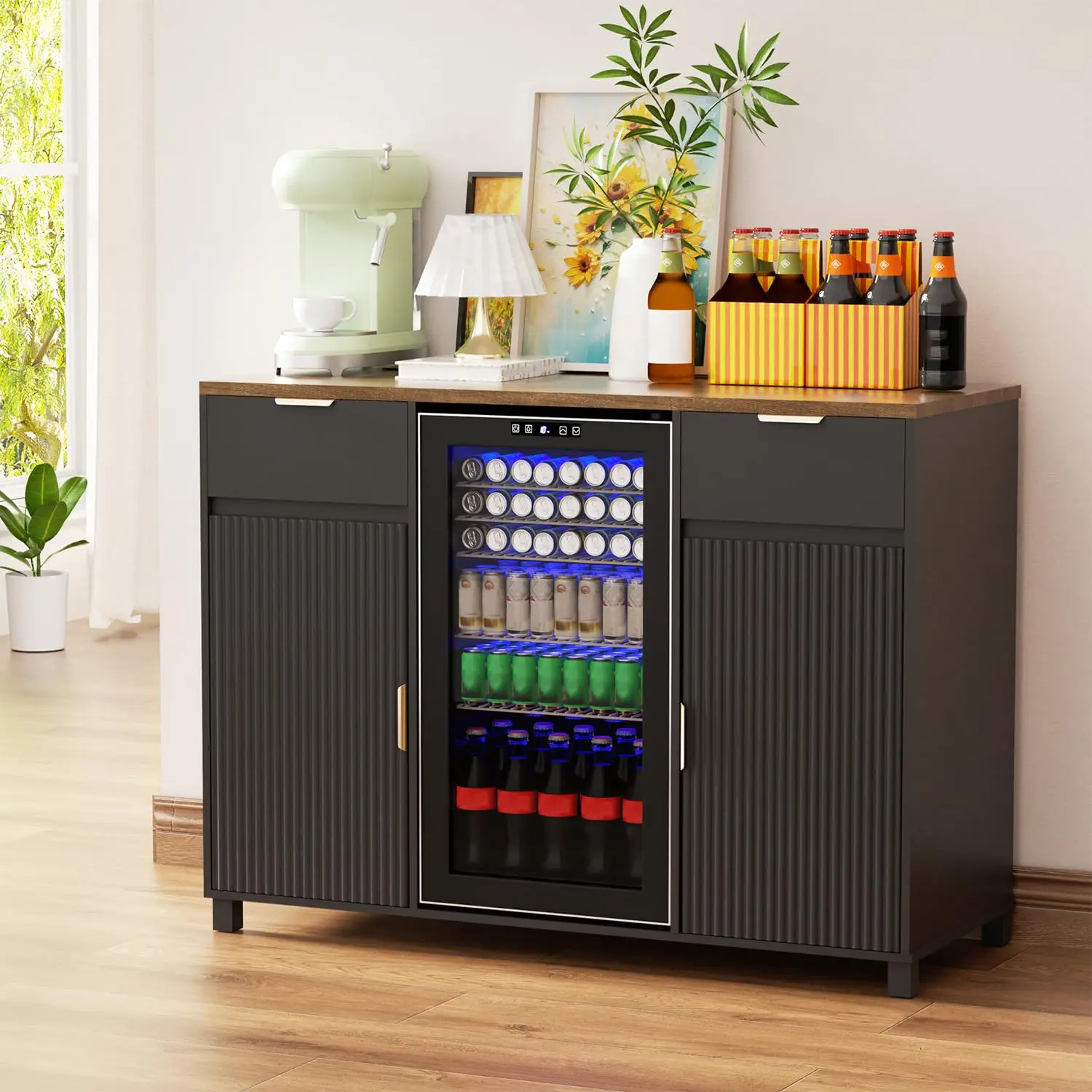 Coffee Bar Cabinet With Fridge Space & Power Outlet, Fluted Door For Dining Living Room Kitchen, Customized