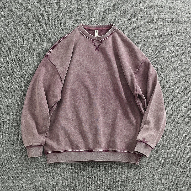2025 Spring New American Retro Long Sleeve O-neck Heavyweight Knitted Sweatshirts Men\'s 100% Cotton Washed Old Casual Sportwear