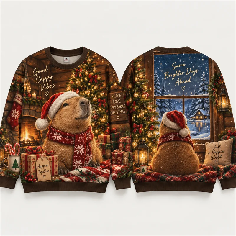 Christmas Animal Sweatshirt Penguin Capybara Fox Moose Owl Rabbit Polar Bear Crewneck Xmas Pullover Holiday Gift Streetwear Top