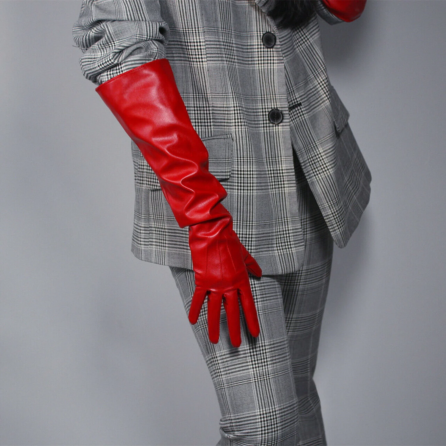 DooWay Unisex Red Gloves with Puff Sleeves Wide Large-sized Elbow Long Faux Leather Winter Over Outfit Wedding Christmas Glove