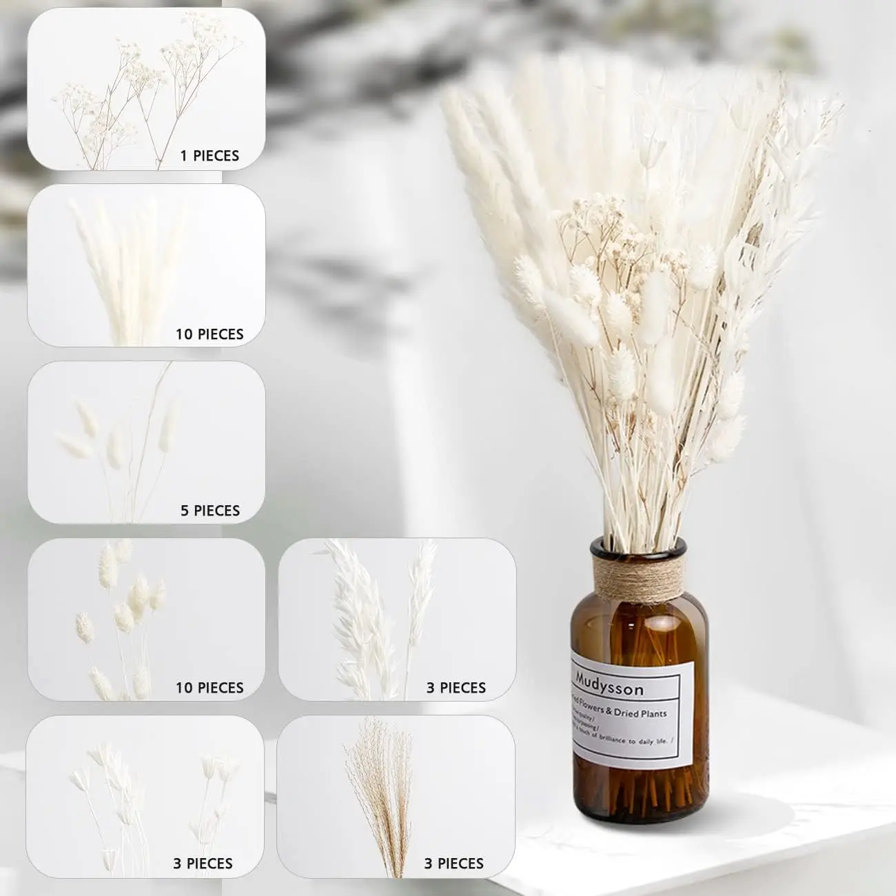 White Pampas Grass, 1 Set Dried Pompous Decor Dried Plants, Suitable for Wall Hanging Ornament, Home Decor, Wedding Decoration