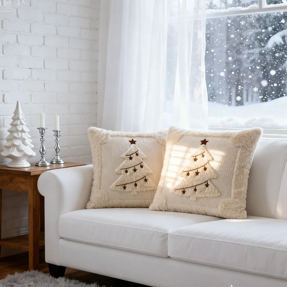 New Snowman Christmas Tree Pillow Covers Xmas Tree Pattern 18x18in Throw Cushion Case Square Pillow Cover Living Room Decor
