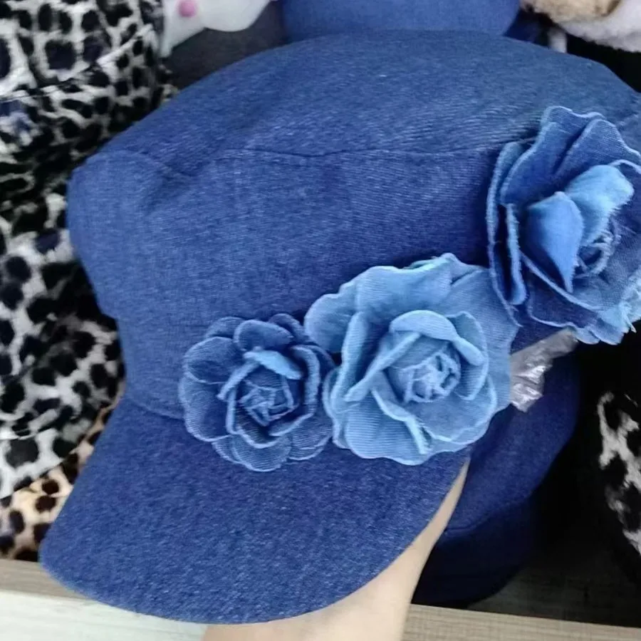 Fashion Denim Beret Three-Dimensional Flower Flat Top Sun Hat Showing Face Small Outdoor Female Captain Military Caps