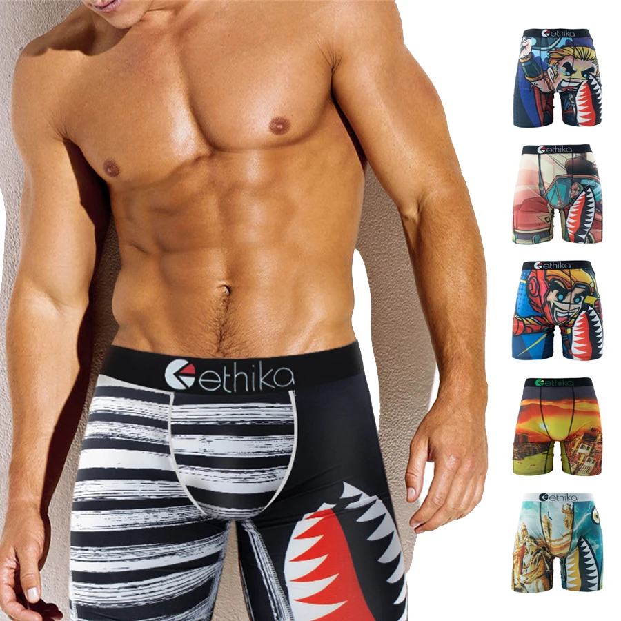 ETHIKA 1Pcs Men Underwear Mesh Breathable Crotch Mens Boxershorts Plus Size Man Swimming Underpants Sexy Print Mens Boxer Briefs
