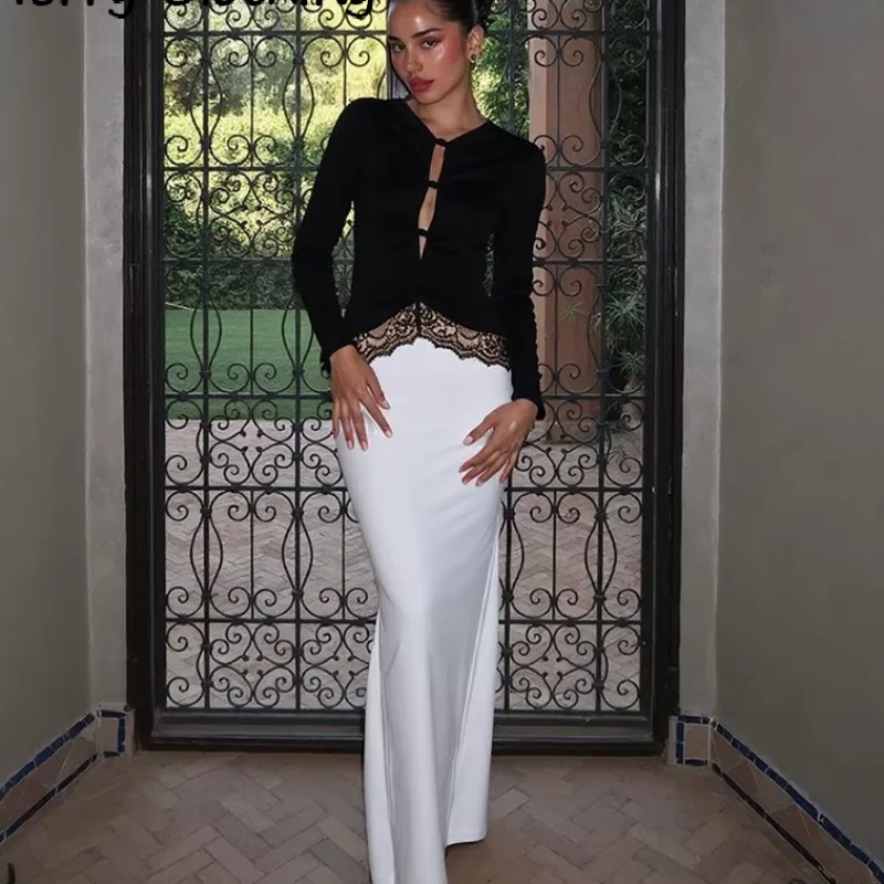 Vestido Maxi Elegante de Encaje y Satén con Abertura Frontal, Mangas Largas, Estilo Delgado, para Fiesta o Cita, Ropa de Mujer 2026