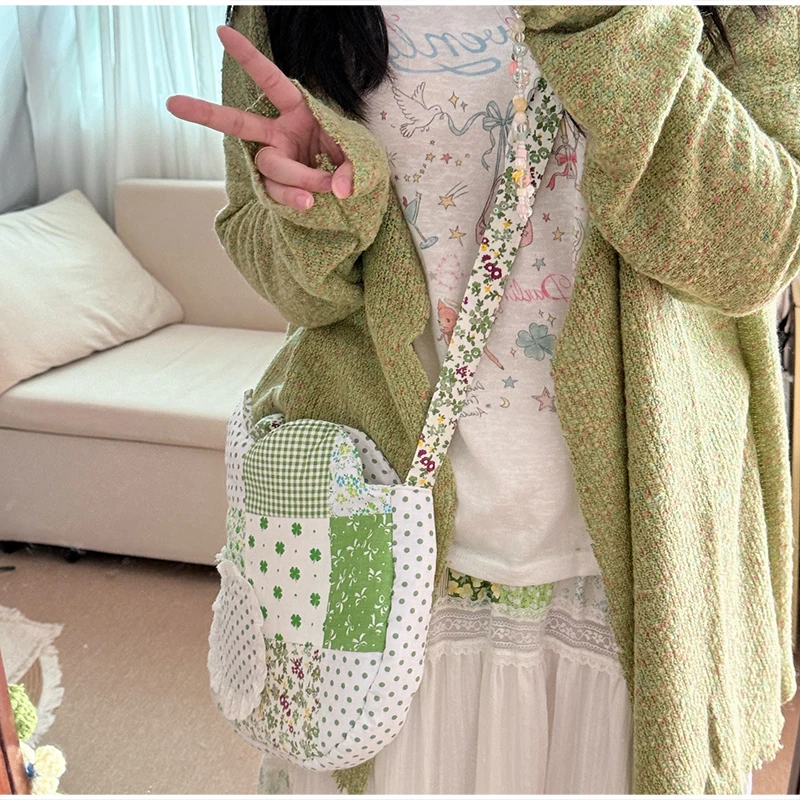 Patchwork-Stoff-Umhängetasche, Apfelförmige Handtasche mit Blumen- und Punktmuster für Damen, Mädchen, Studenten, Cottagecore, süße Handtasche – Detail 13