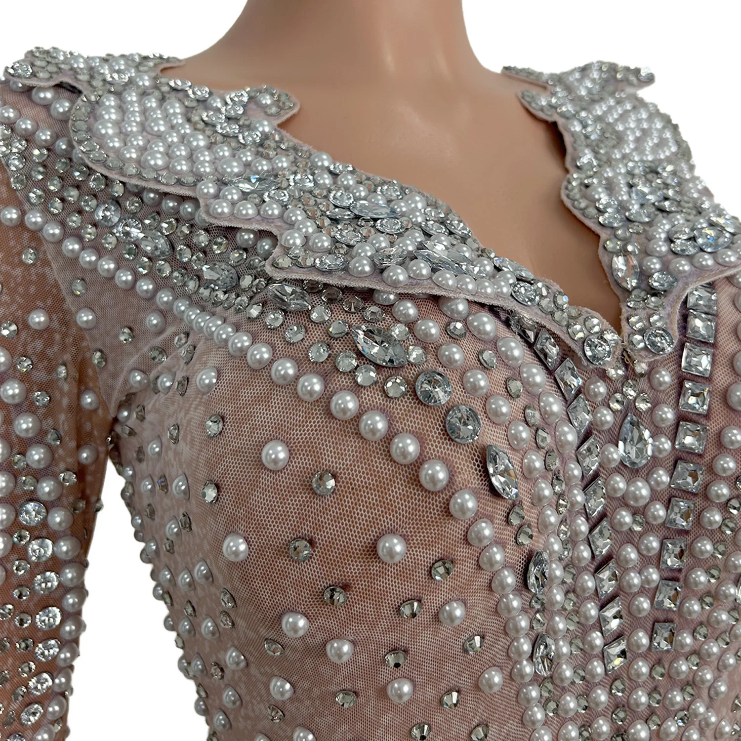 Shuangjiang Gorgeous Pearl High-End Evening Gown Sexy Mesh Transparent Flared Pants Bar Celebrity Dancer Performance Costume