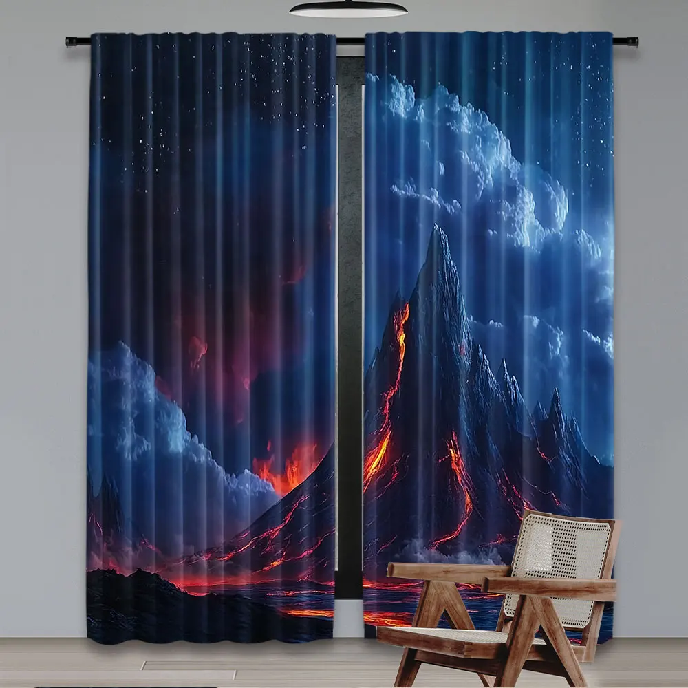 2Pcs Volcano Curtain Vivid Erupting Scenery Of Active Volcano Hot Lava Magma Geology Nighttime Suitable For Bedroom Living Room