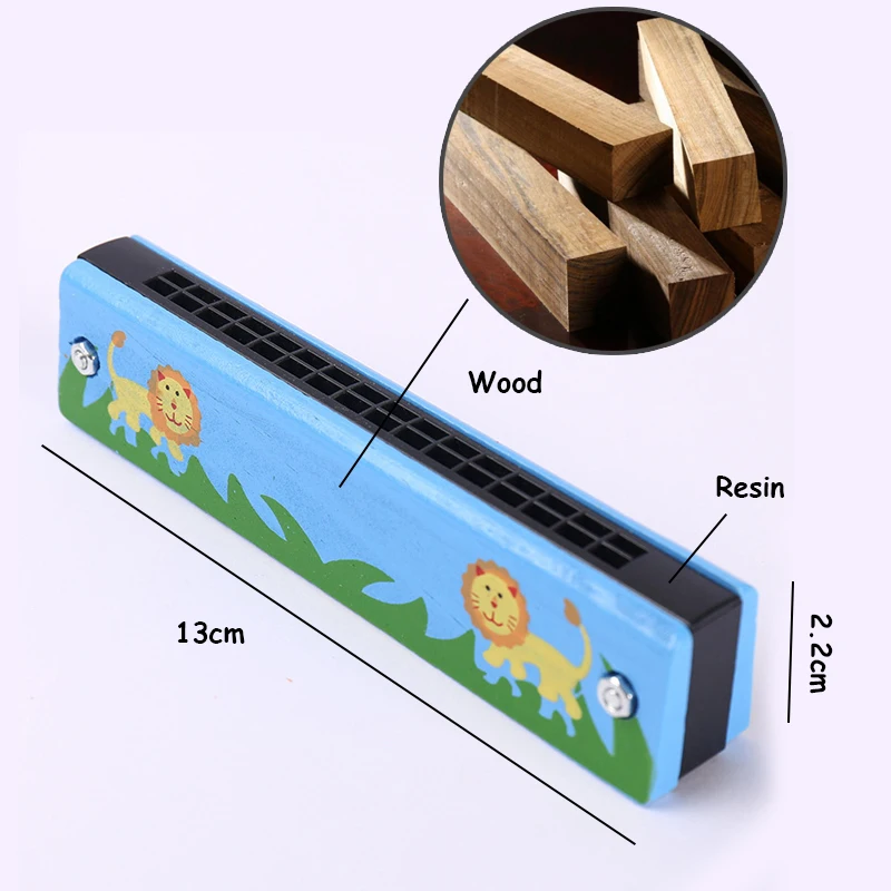 Harmonica cromática de madeira para crianças, 16 buracos, instrumento de sopro musical, mini desenhos animados, tom C, blues, brinquedos para crianças