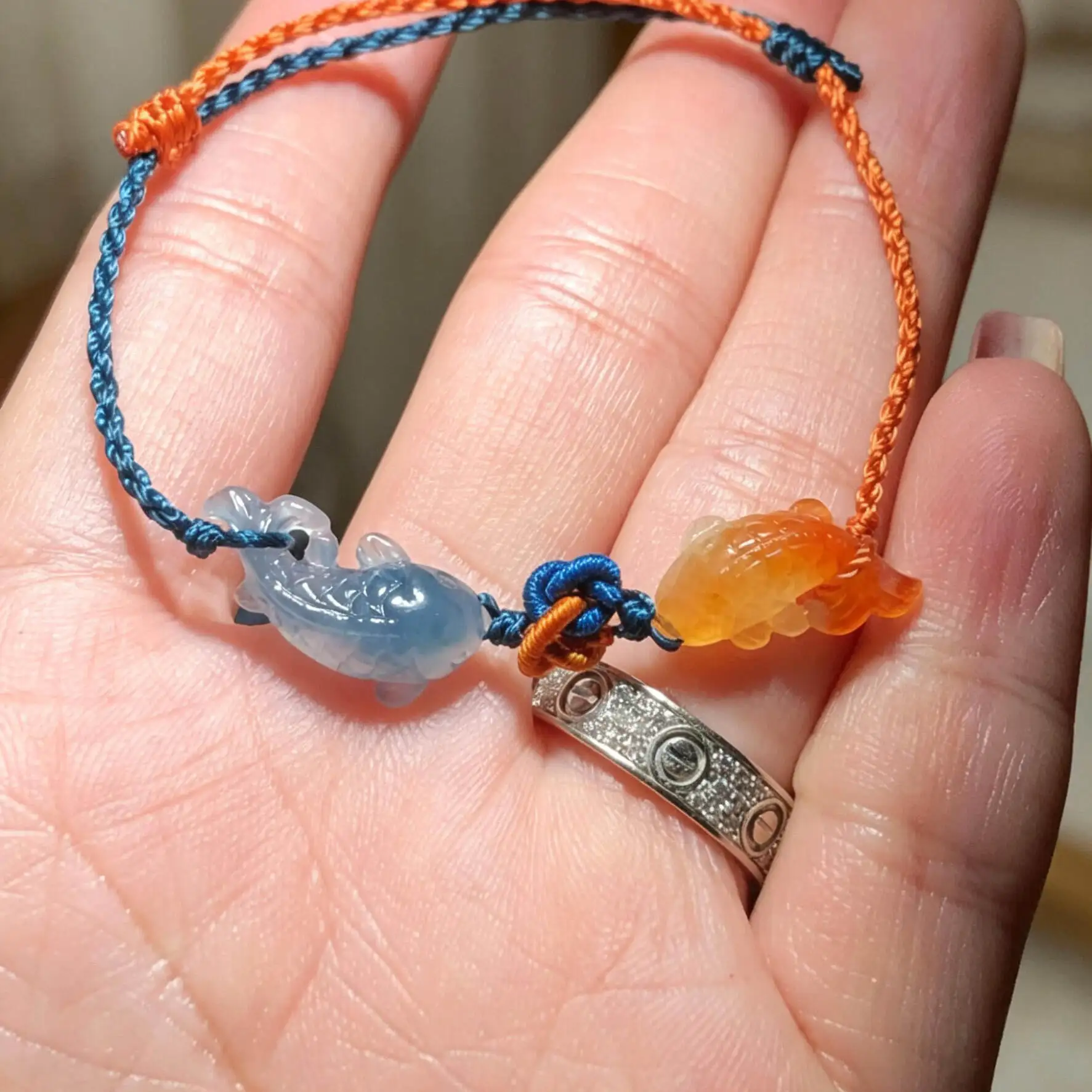 Chinese Style Lucky Koi Carp Agate Bracelet Blue Orange Contrast Color Hand Woven Adjustable Bracelet Fortune Attracting Blessin