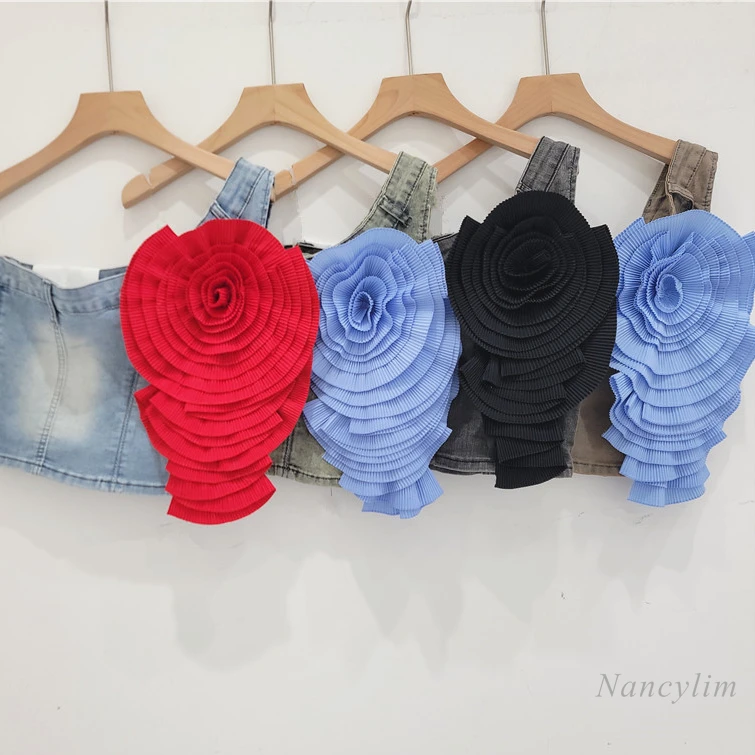 Large Flower Denim Top Women's Summer 2024 Beautiful Retro Slim Fit Short Elastic Asymmetric Diagonal Collar Crop Top Outwears