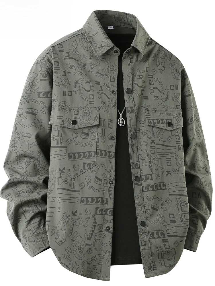 Loose Fit Printed Large Size Shirt Men's Spring 2025 New Style Casual Collar Jacket Upper Apparel Polyester Fiber Long Sleeve