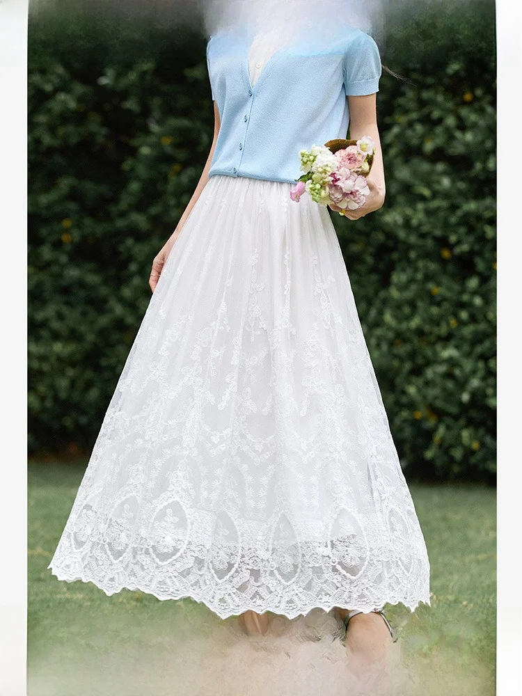 

Korean Sle High Waist Lace Hollow out Hook Flower Semi-Body Skirt Women's Summer New Ele Long Umbrella Skirt