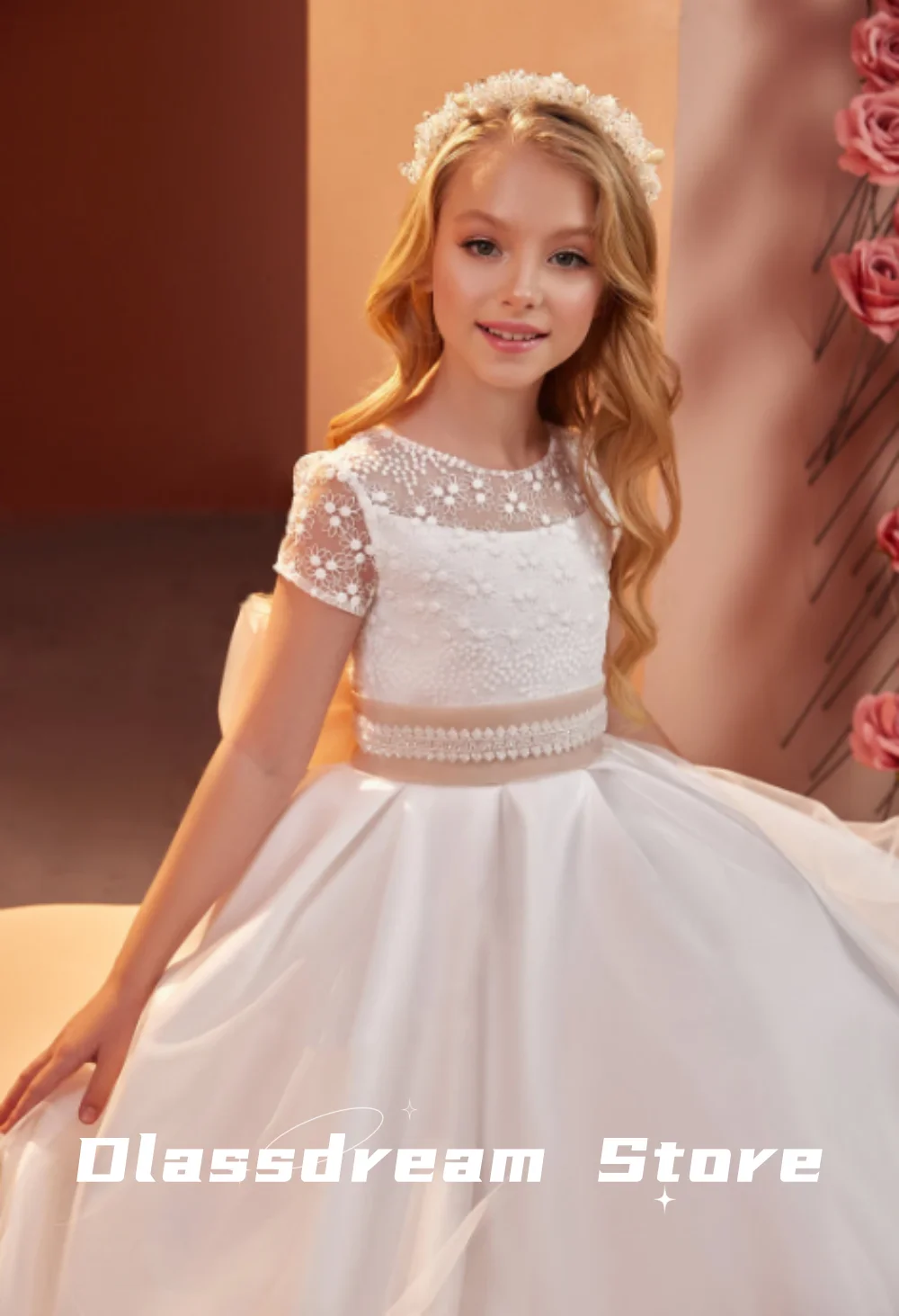 

Elegant Lace Flower Girl Dress Floor Length With Bow Kids Birthday Ball Gowns First Communion Dress vestidos de fiesta