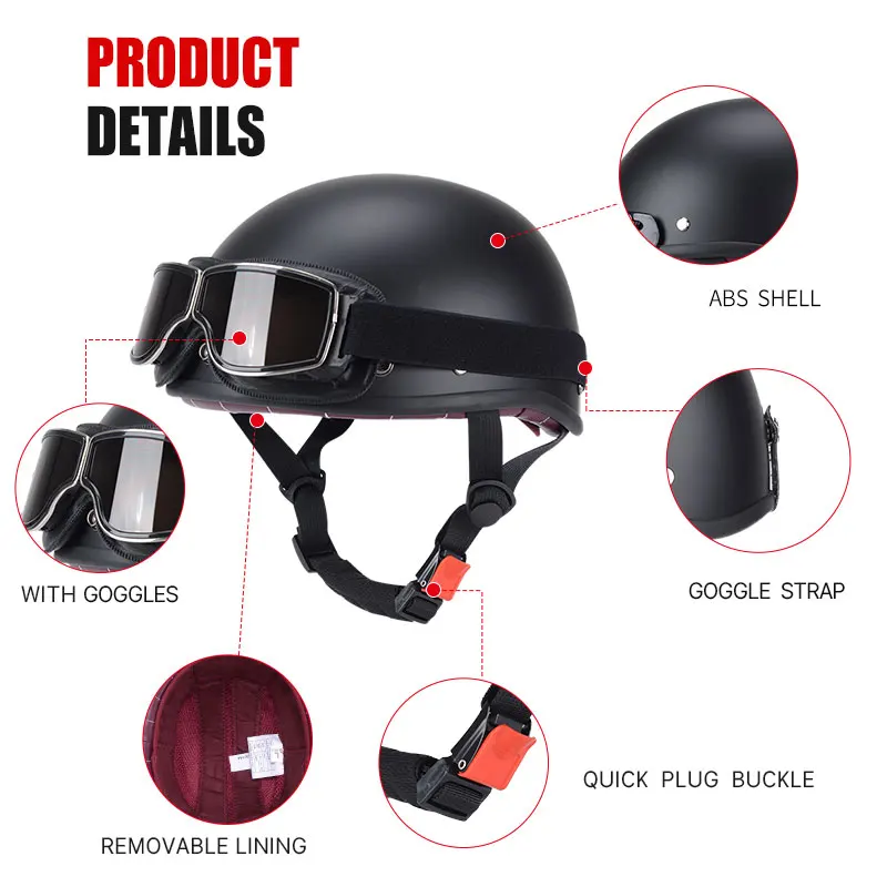 Half Face Helmet for Men Women DOT Approved Retro 1/2 Motorcycle Helmets with Skull Mask Four Season Moped Scooter Cruiser