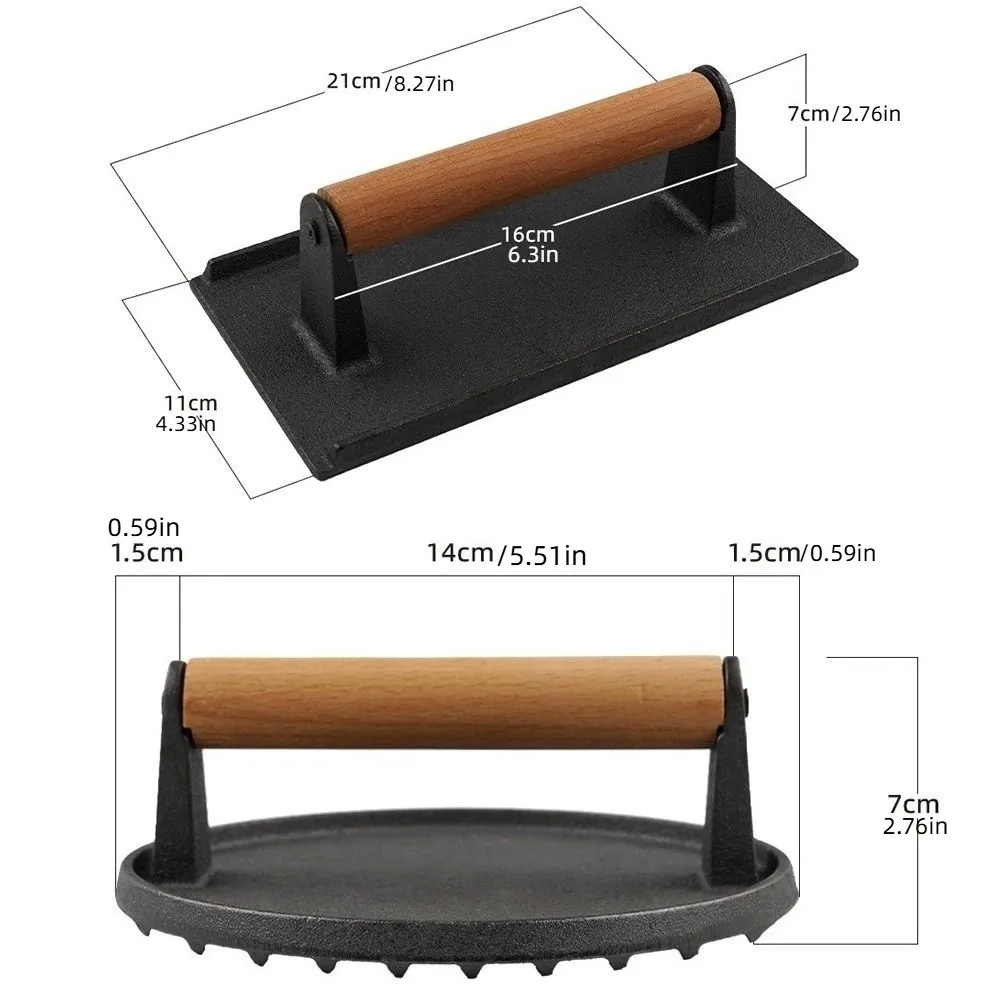 لوح ضغط اللحوم من الحديد الزهر، سطح مسطح، مقبض خشبي، ستيك برجر، مستدير مستطيل، شواية شديدة التحمل، مطحنة همبرغر #6
