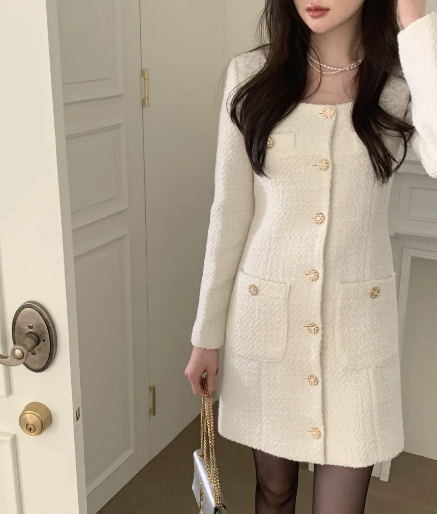 Button Square Neck Tweed Dress Mini Long Sleeve Pocket Vestido Curto Fall 2022 Winter White Vintage Elegant Black Korean Vestido