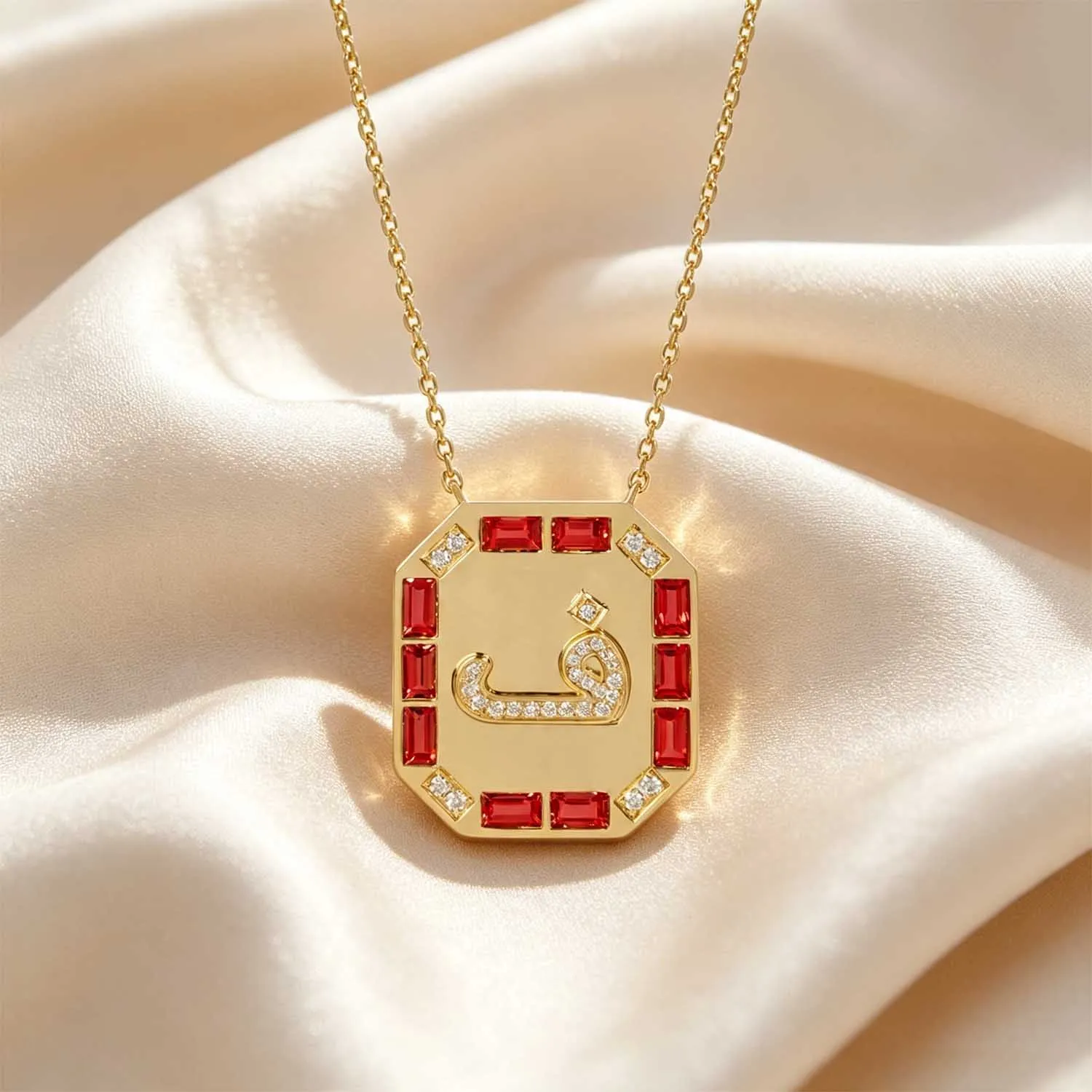 Qitian Luxury Custom Arabic Letter Name Necklace GoldColor July Birthstone Pendant Personalized Islamic Arabic Jewelry For Women