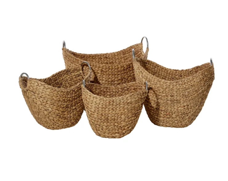 

14", 16", 19", 21"W Brown Seagrass Handmade Woven Storage Basket with Metal Handles 4-Pieces