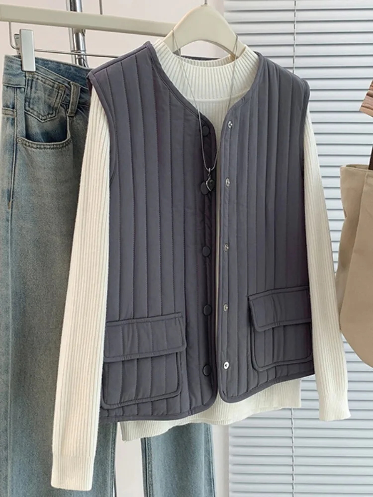 

Faionable Casual Cotton Vest Jaet Women's Autumn Winter round Ne Svel Coat Simple Sle Button ket Cotton Clothes