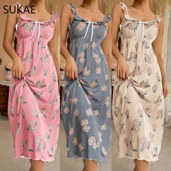 SUKAE Elegant Floral Homedress Chic Slim Gowns Lady Lingerie Gorgeous Women Nightgowns Summer Retro Nightdress Ruffle Dress