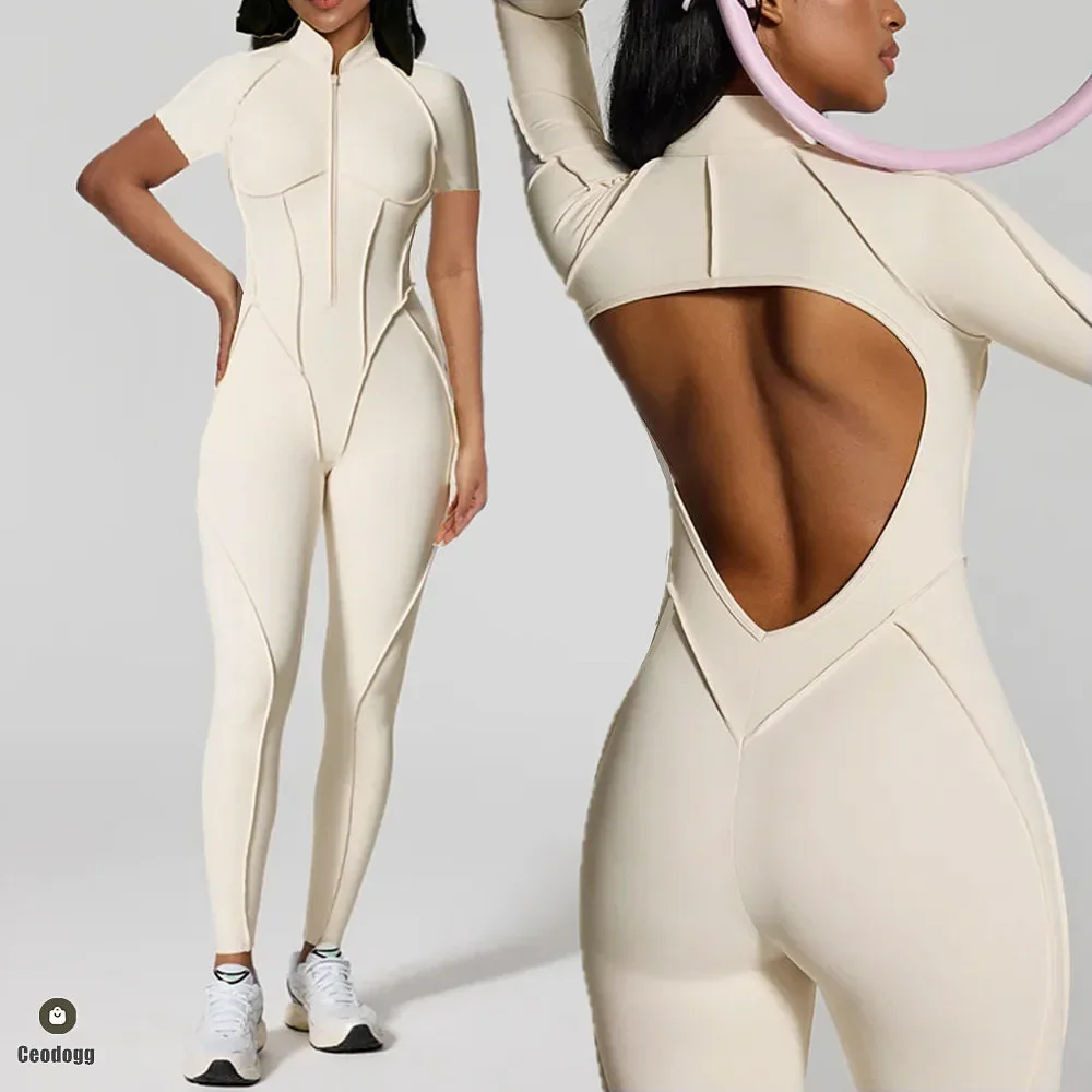 2025 وسادة سستة الجوف خارج اليوغا مجموعة قصيرة الأكمام اللياقة البدنية المرأة قطعة واحدة بذلة يغطي الرجل أنيق Catsuit رياضة بانت ملابس نشطة #2