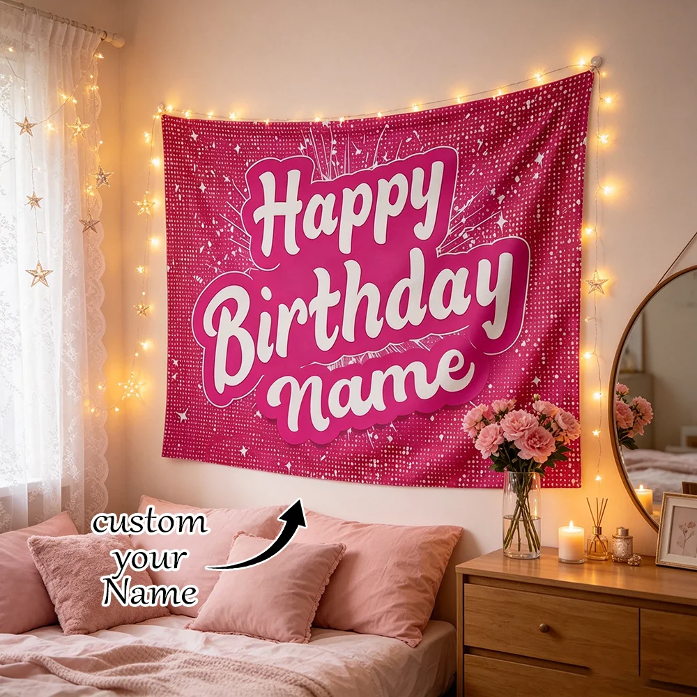 1PC Personalized Hot Pink Sequin Happy Birthday Tapestry Custom Name Sparkle Party Wall Hanging Girls Bedroom Celebration Decor