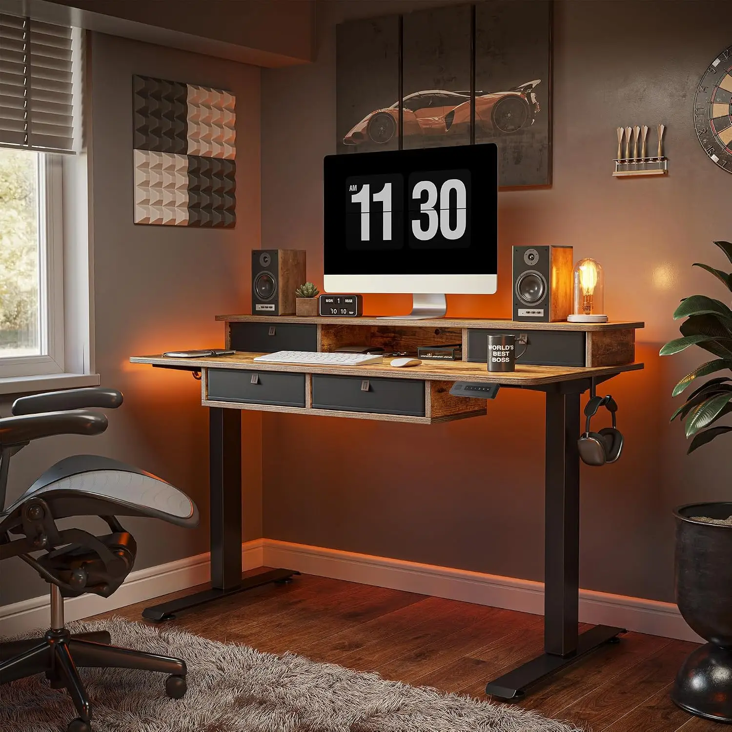 60x30 Inch Electric Standing Desk with 4 Drawers & Monitor Shelf, Adjustable Height Table for Study Gaming Workstation, Rustic B