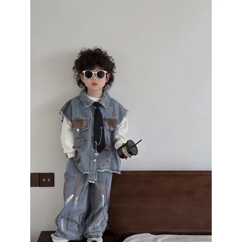 

Жилет + брюки + галстук, детские костюмы из хлопка, 3 шт./компл., 2025 г., синие джинсы, весна-осень, хлопок, спортивная детская одежда для подростков