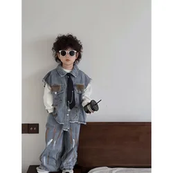 Boys Vest +Pants + Tie Outfits Kids Suits Cotton 3PCS/Set 2026 Blue Jean Spring Autumn Cotton Sport Teenagers Children Clothing