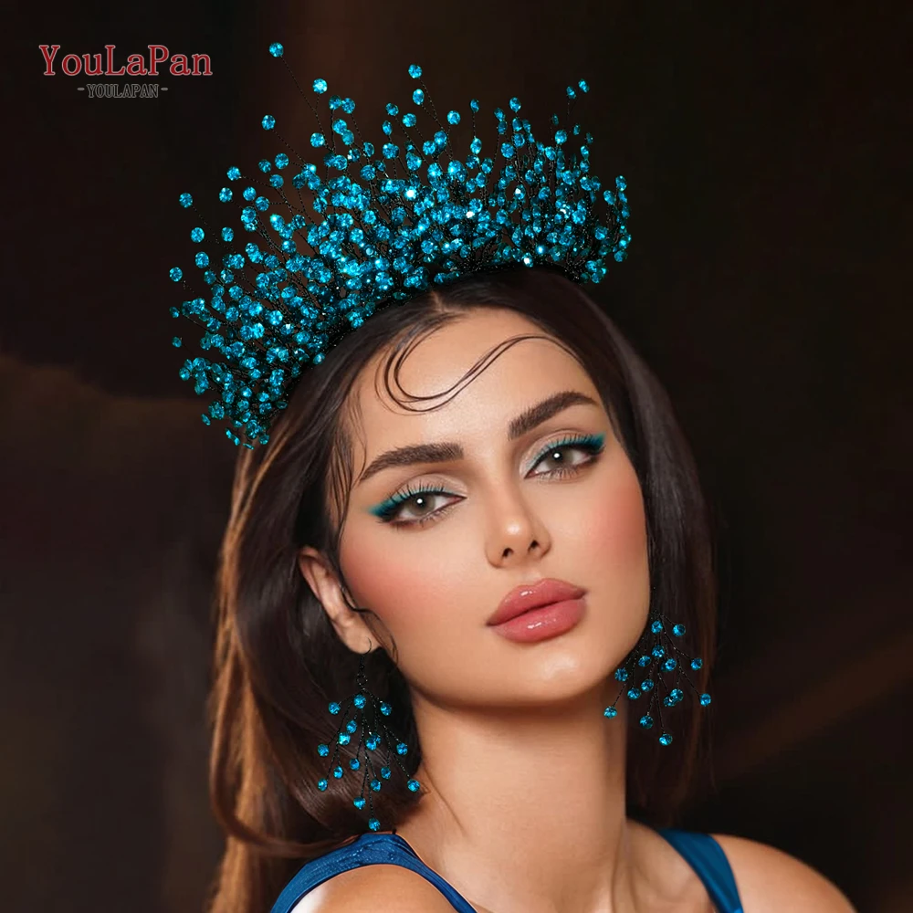 

YouLaPan Elegant Bright Blue Rhinestone Bridal Crown Boho Wedding Hairpiece for Bride Festival Party Hair Jewelry Gift HP846