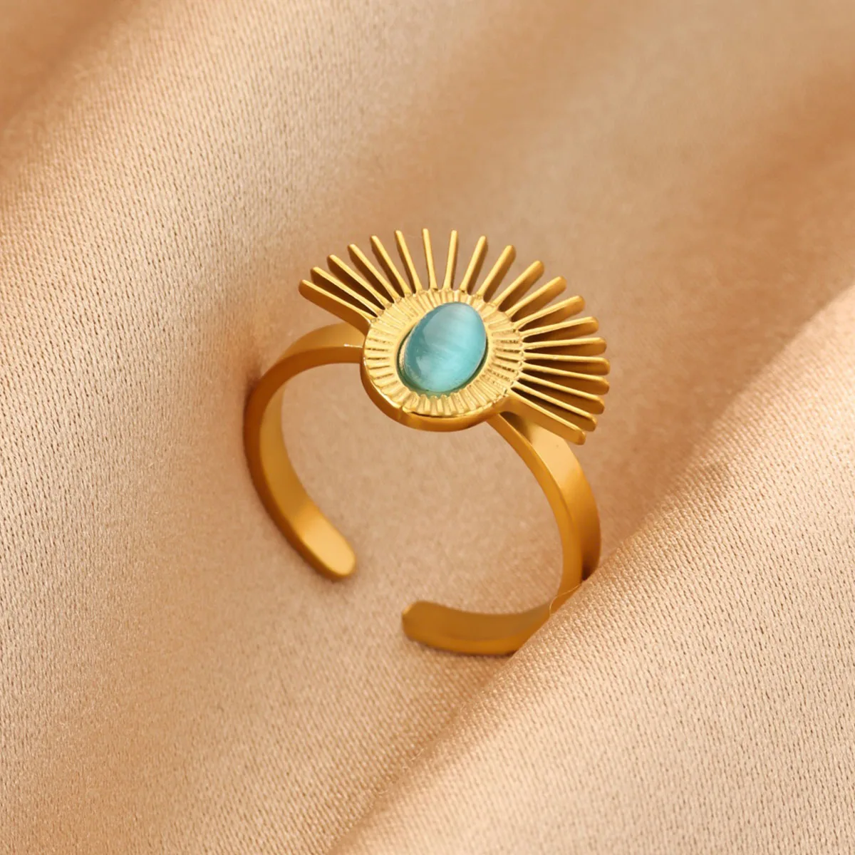 Stainless Steel Green Stone Rings For Women Open Gold Color Geometric Fan Shape Ring Aesthetic Jewelry Wedding Gifts Bague