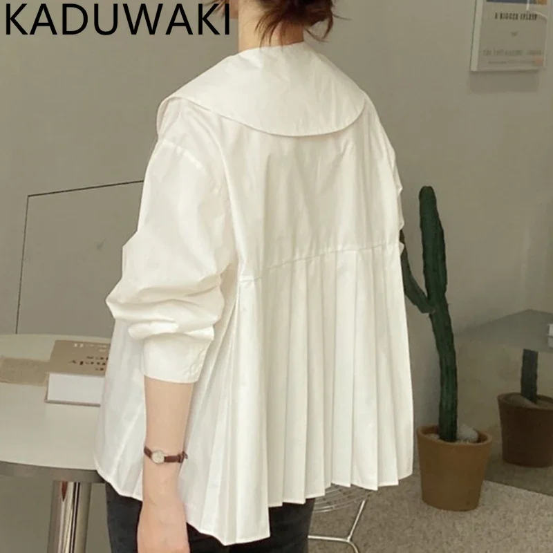 Sweet Peter Pan Collar Back Pleated Shirt Women Spring Autumn 2024 New Loose Casual Blouse Korean Chic Elegant Vintage Blusas