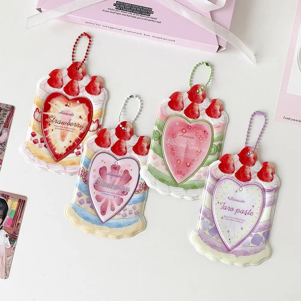 Cute PVC Kpop Photocard Holder with Keychain Strawberry Cake Card Sleeve Display Card Cover 3-inch Photos