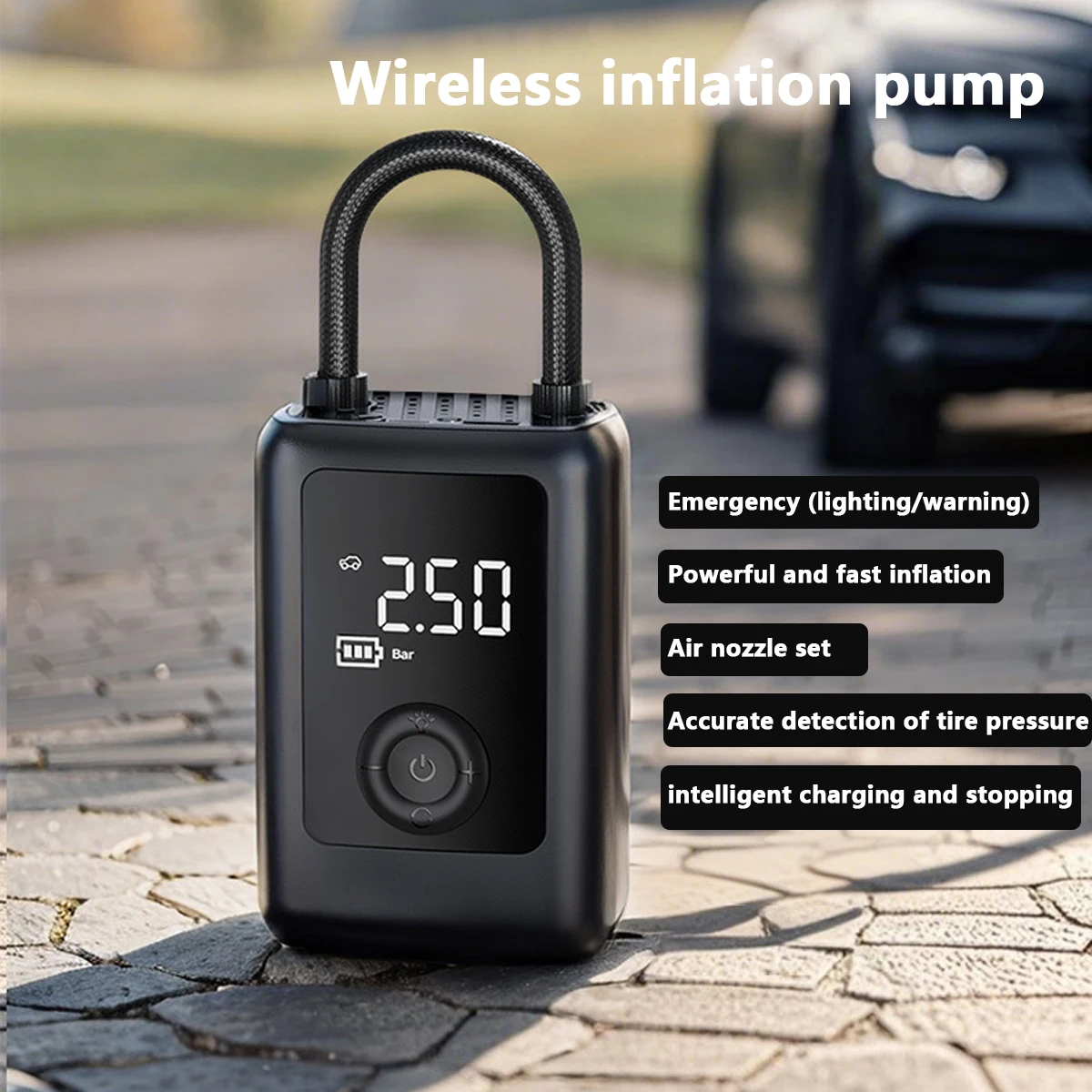 

150PSI intelligent wirelessinflation pump emergency lighting/warning, fast inflation car tire inflator, for cars/motorcycles