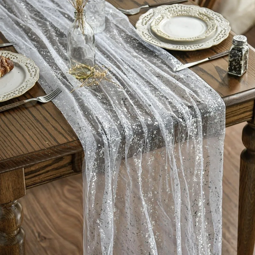 Golden Sequin Glitter Hot Stamping Table Flag European Style Elegant Mesh Birthday Table Runner Soft Luxury Sheer Tablecloth