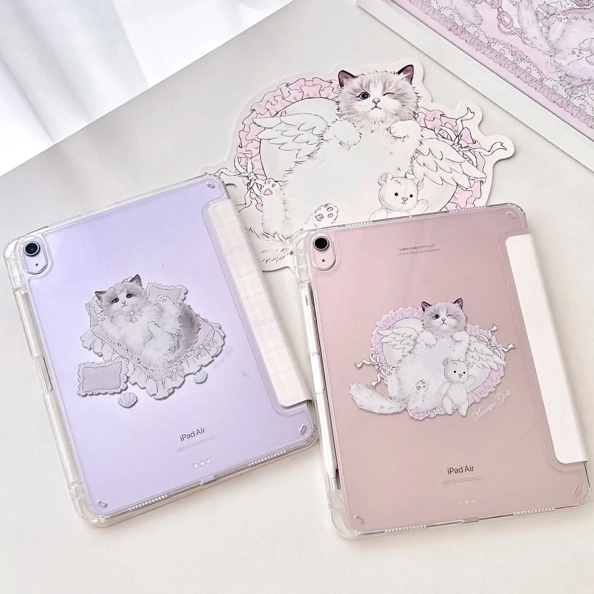 Pink Kawaii Cat For iPad Case iPad Pro 13/11/Air 6/10/Mini & iPad 9th Cute Transparent Acrylic Y-Fold Cover with Pencil Slot - view 4