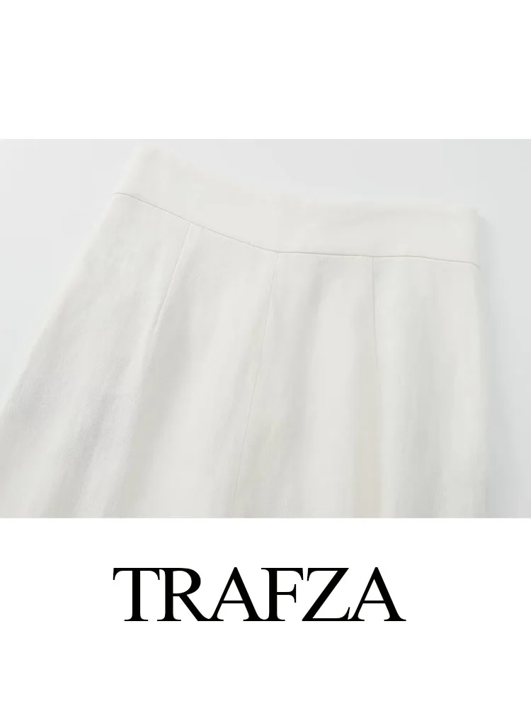 TRAFZA-Calça Feminina de Pernas Largas, Calça Plissada, Monocromática, Bolso com Zíper, Decoração de Botões, Casual, Elegante, Verão