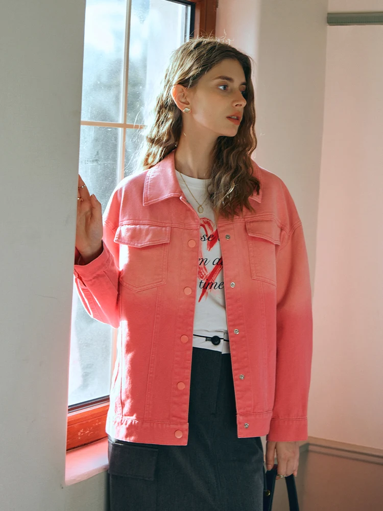 OLrain Women's Denim Jacket Gradient Pink Cropped Loose Fit Casual Spring 2025 New Soft Coat O24CW89955