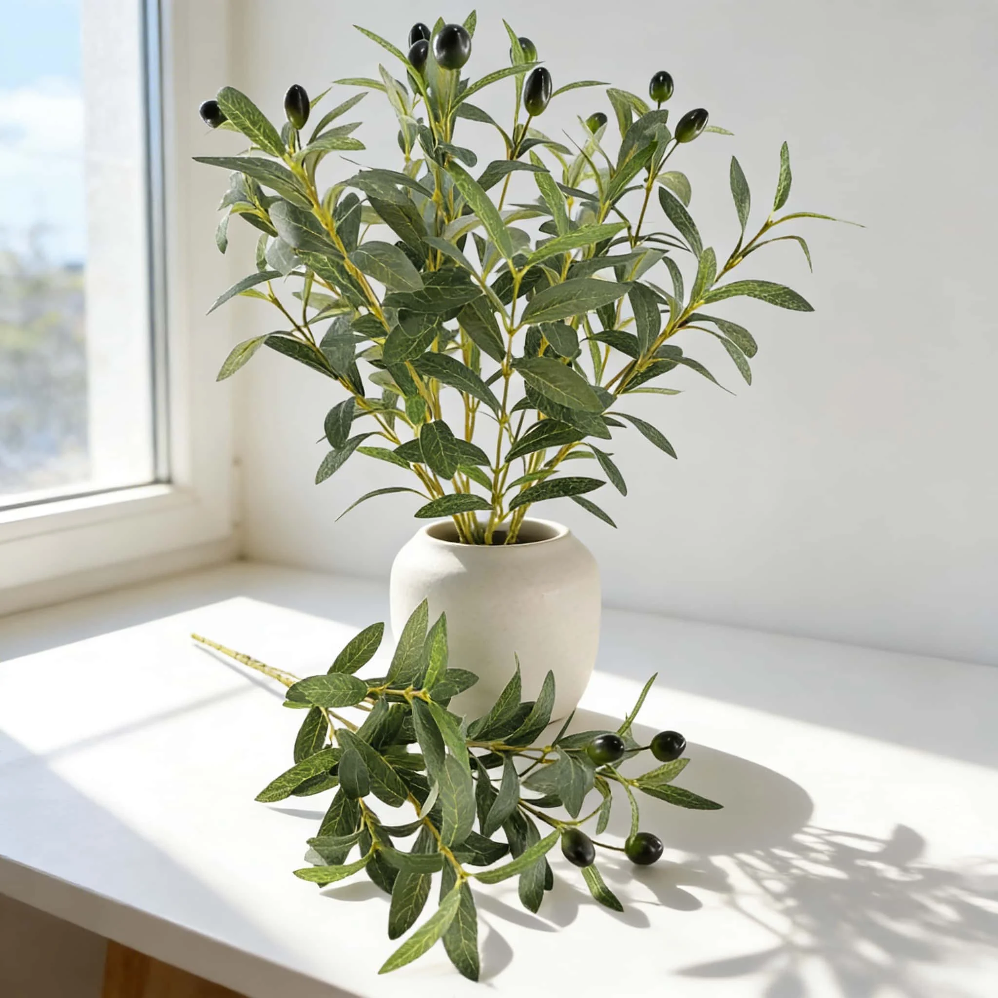 Rama de olivo Artificial exuberante realista de 3 piezas con frutas, vegetación sintética para fiesta, mesa central, estante, decoración interior y exterior