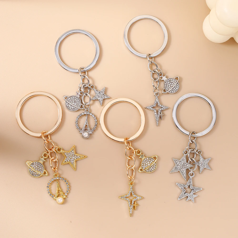 Aihua Zierlicher Strass-Stern-Schlüsselanhänger Kristall-Eiffelturm-Schlüsselring-Anhänger für Damen Mädchen Handtaschen-Deko Charms DIY Schmuck – Detail 1