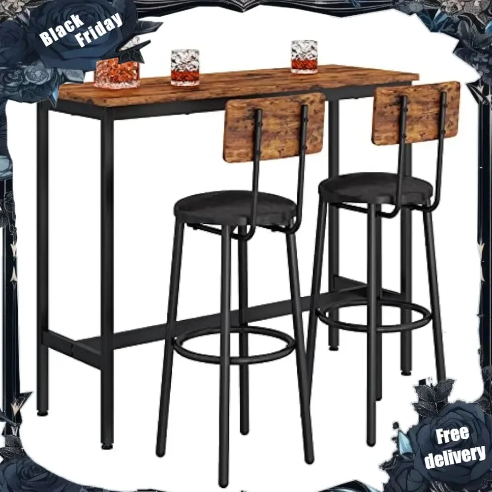 Bar Table Set, Chairs Set, 3-Piece Dining Table Set, Bar Height Counter with 2 Stools, Industrial Breakfast Table