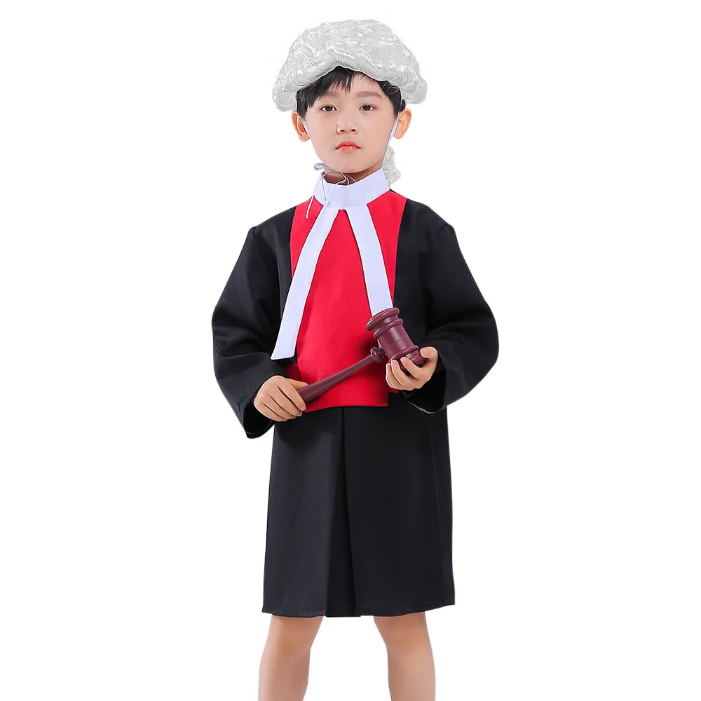 Junge Mädchen Kinder Kinder Richter Kostüm Anwalt Perücke Kragen Hammer Zubehör für Halloween Cosplay Party Gefälligkeiten