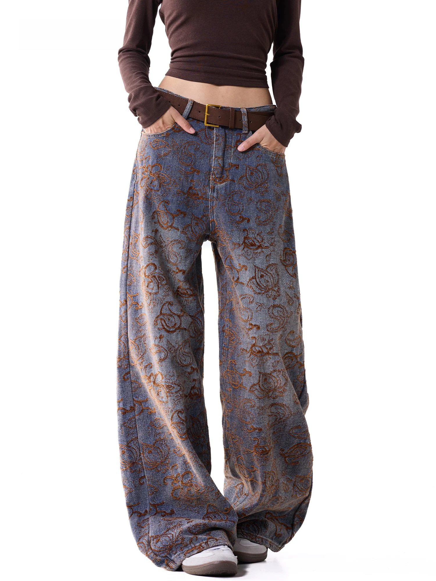 Retro High Waist Draped Wide Leg Jeans Women's Straight Cut Denim Floral Embroidery Slimming Long Pants Autumn Fashion