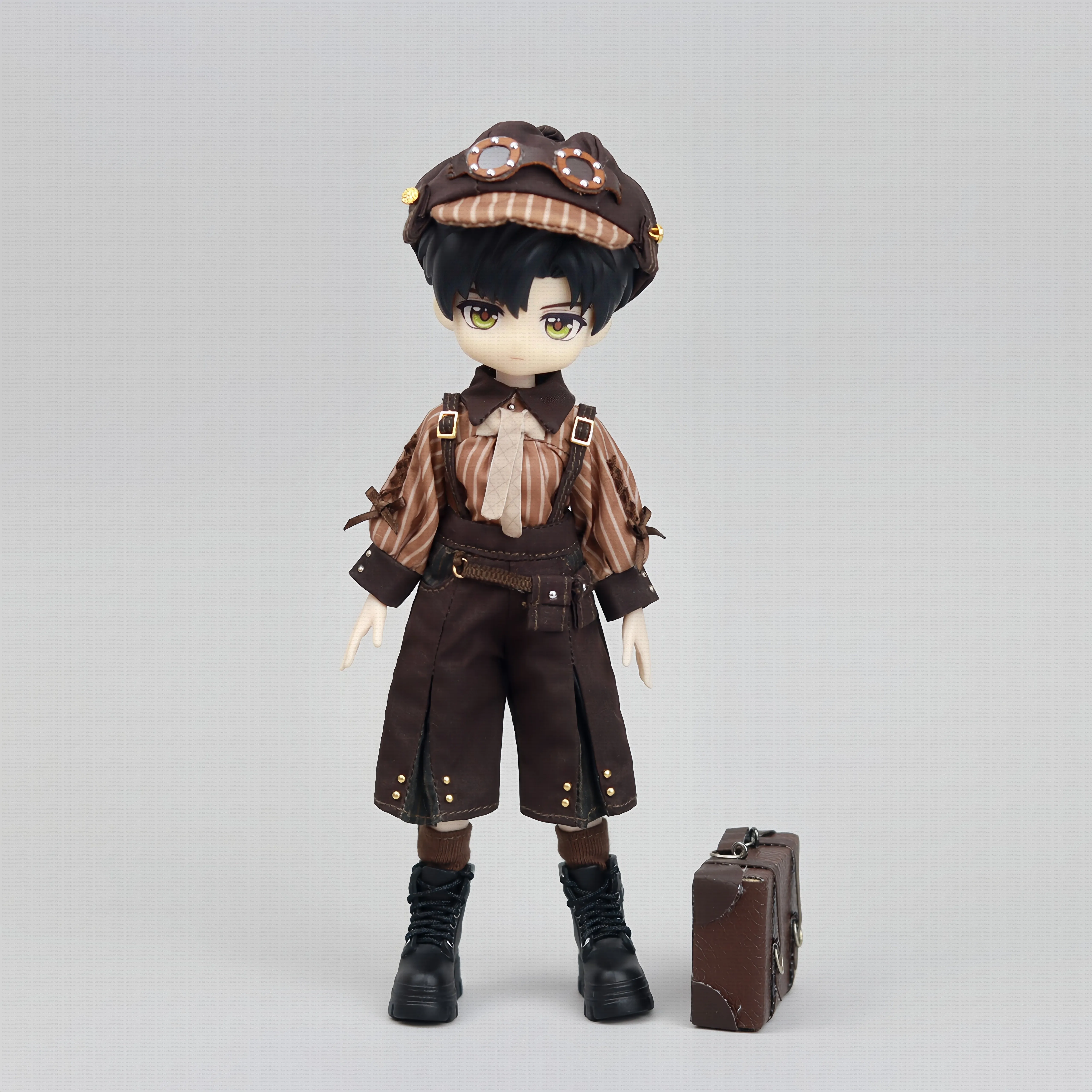 1/12 Steampunk Mechanic Doll Outfit Striped Shirt Suspender Pants Socks Hat Full Set Fit OB11 AShi 2 Fairy Mini BJD Doll Optiona