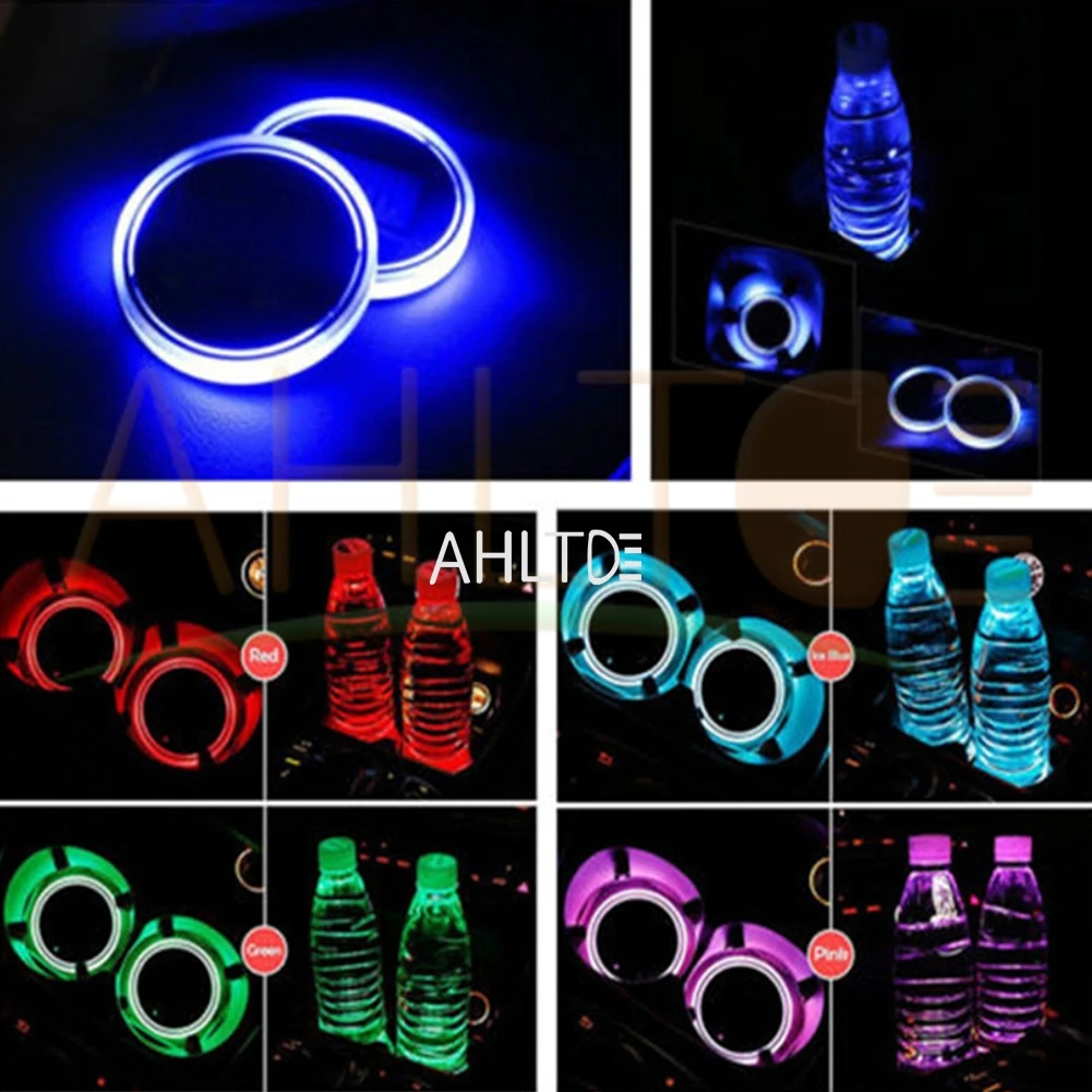 2Pcs Universal Led Car Cup Holder Bottom Pad LED Lights Cover Trim Atmosphere Lamps Anti Slip Mats Colorful Coaster decoration