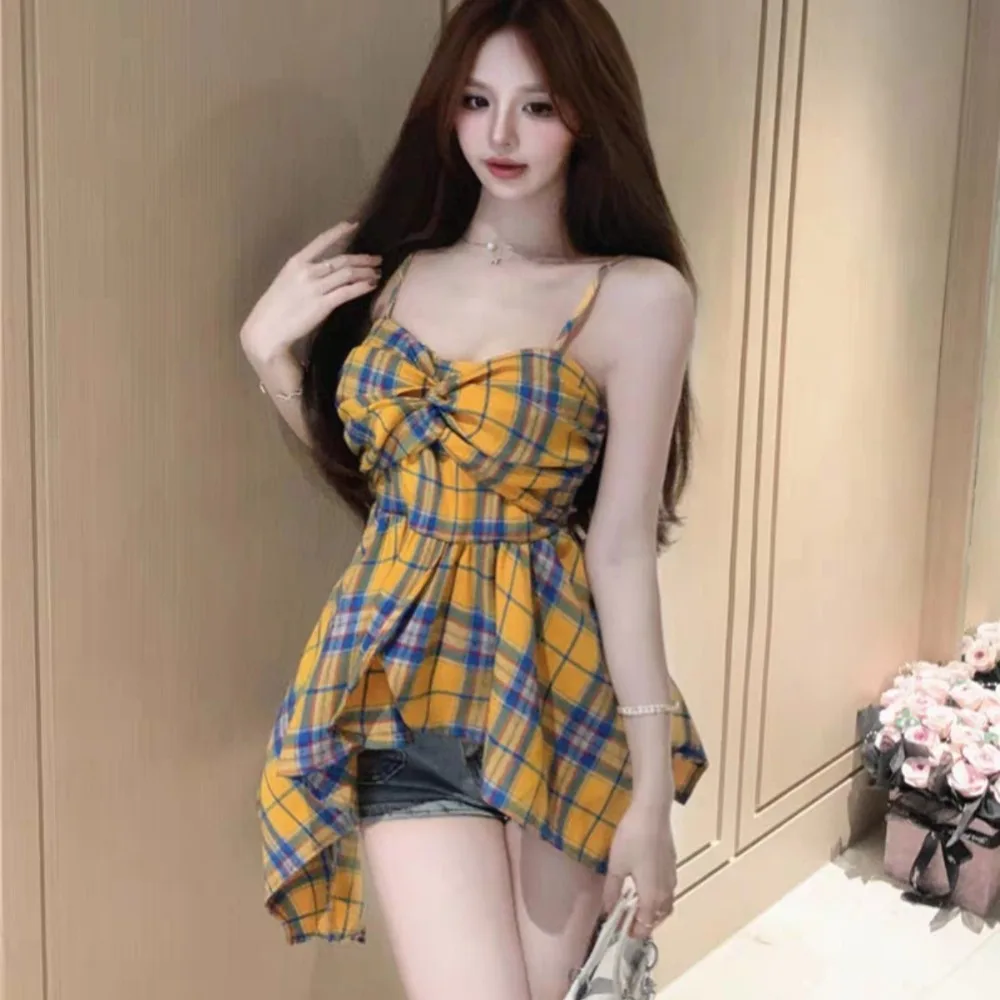 Slash Neck Women's Camisole Plaid Classical Temperament Irregular Spicy Dopamine Vitality Dancing Summer Hosweet High Street Y2k